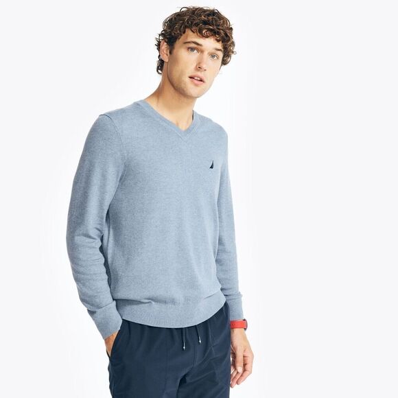 Nautica Men's Sweater Jersey V-Neck Deep Anchor Heather Blue Pastel Size Small - Picture 1 of 7